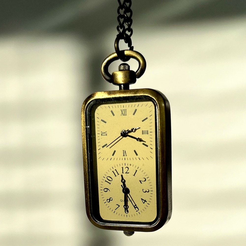 Vintage Rectangular, Double Time Zone, Unisex Quartz Pocket Watch with Chain